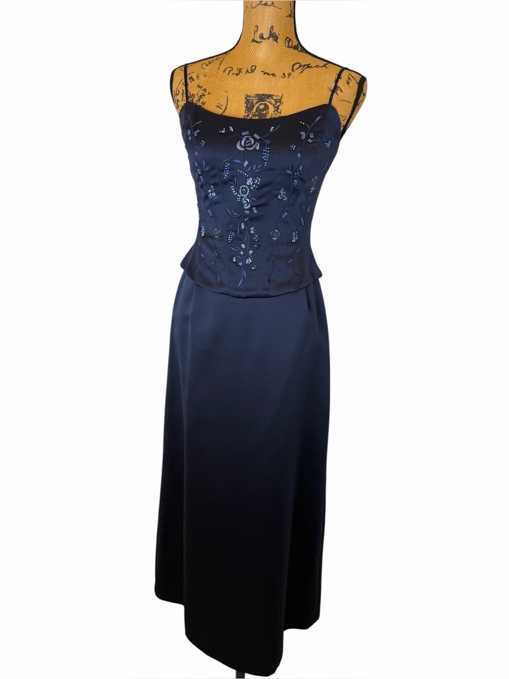 Vintage Michelangelo Navy Satin Beaded Corset Maxi Skirt Set USA Size 6 - Picture 2 of 10